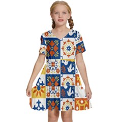 Mexican-talavera-pattern-ceramic-tiles-with-flower-leaves-bird-ornaments-traditional-majolica-style- Kids  Short Sleeve Tiered Mini Dress by Ket1n9