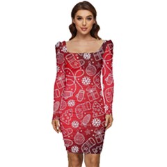 Christmas Pattern Red Women Long Sleeve Ruched Stretch Jersey Dress by Grandong