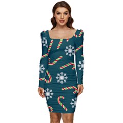 Christmas-seamless-pattern-with-candies-snowflakes Women Long Sleeve Ruched Stretch Jersey Dress by Grandong