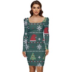 Beautiful-knitted-christmas-pattern -- Women Long Sleeve Ruched Stretch Jersey Dress by Grandong