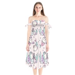Cartoon Cat Cute Animal Design Drawing Illustration Kawaii Shoulder Tie Bardot Midi Dress by Grandong
