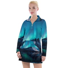 Aurora Borealis Mountain Reflection Women s Long Sleeve Casual Dress by Grandong