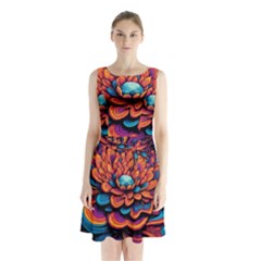 Flowers Painting Sleeveless Waist Tie Chiffon Dress by Ravend