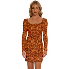 Floral Time In Peace And Love Long Sleeve Square Neck Bodycon Velvet Dress by pepitasart