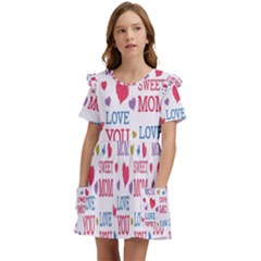 Love Mom Happy Mothers Day I Love Mom Graphic Kids  Frilly Sleeves Pocket Dress by Vaneshop