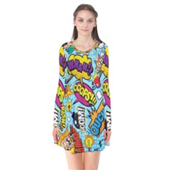 Comic Elements Colorful Seamless Pattern Long Sleeve V-neck Flare Dress by Amaryn4rt
