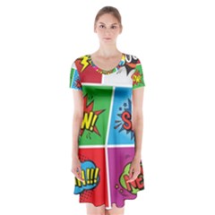 Pop Art Comic Vector Speech Cartoon Bubbles Popart Style With Humor Text Boom Bang Bubbling Expressi Short Sleeve V-neck Flare Dress by Amaryn4rt