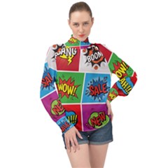 Pop Art Comic Vector Speech Cartoon Bubbles Popart Style With Humor Text Boom Bang Bubbling Expressi High Neck Long Sleeve Chiffon Top by Amaryn4rt