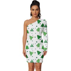 Christmas Trees Pattern Design Pattern Long Sleeve One Shoulder Mini Dress by Amaryn4rt