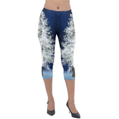 Tree Pine White Starlight Night Winter Christmas Lightweight Velour Capri Leggings  by Amaryn4rt