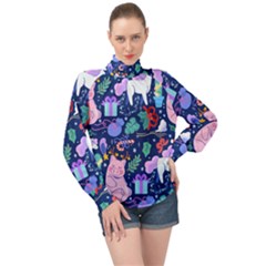 Colorful-funny-christmas-pattern Pig Animal High Neck Long Sleeve Chiffon Top by Amaryn4rt