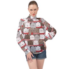 Cute Adorable Bear Merry Christmas Happy New Year Cartoon Doodle Seamless Pattern High Neck Long Sleeve Chiffon Top by Amaryn4rt