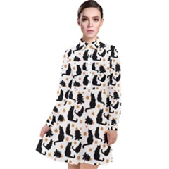 Black-cat-star-christmas-tree Long Sleeve Chiffon Shirt Dress by Amaryn4rt