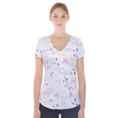 Spaceship Pattern Star Short Sleeve Front Detail Top by Pakjumat