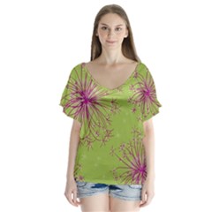 Dandelion Flower Background Nature Flora Drawing V-neck Flutter Sleeve Top by Pakjumat