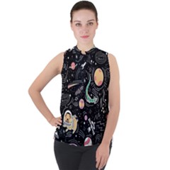 Animals Galaxy Space Mock Neck Chiffon Sleeveless Top by Pakjumat