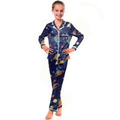 Space Galaxy Planet Universe Stars Night Fantasy Kids  Satin Long Sleeve Pajamas Set by Pakjumat