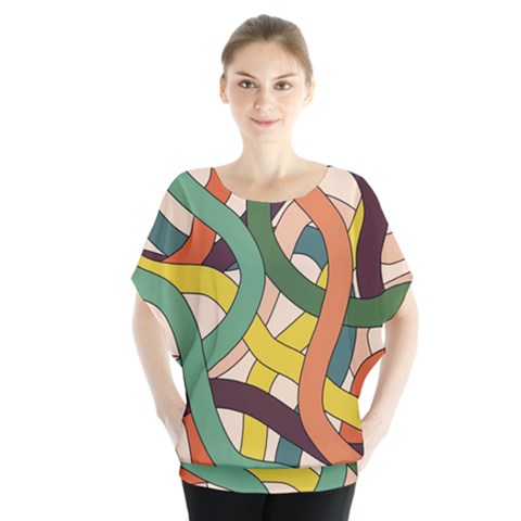 Snake Stripes Intertwined Abstract Batwing Chiffon Blouse by Pakjumat