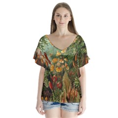 Moose Eurhynchium Haeckel Muscinae V-neck Flutter Sleeve Top by Pakjumat