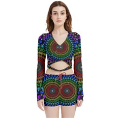 3d Psychedelic Shape Circle Dots Color Velvet Wrap Crop Top And Shorts Set by Modalart