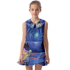 Psychedelic Mushrooms Psicodelia Dream Blue Kids  Pilgrim Collar Ruffle Hem Dress by Modalart