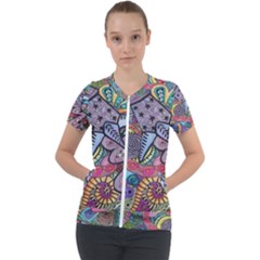 Psychedelic Flower Red Colors Yellow Abstract Psicodelia Short Sleeve Zip Up Jacket by Modalart