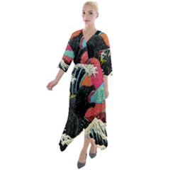 Retro Wave Kaiju Godzilla Japanese Pop Art Style Quarter Sleeve Wrap Front Maxi Dress by Modalart