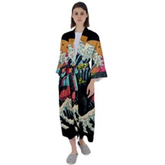 Retro Wave Kaiju Godzilla Japanese Pop Art Style Maxi Satin Kimono by Modalart