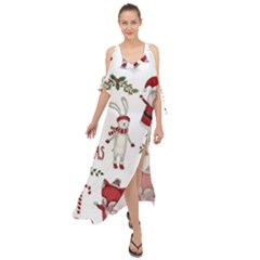 Christmas Characters Pattern Maxi Chiffon Cover Up Dress by Sarkoni