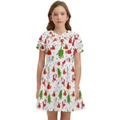 Christmas Santa Pattern Tree Kids  Bow Tie Puff Sleeve Dress by Sarkoni