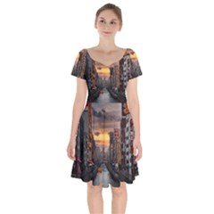 River Buildings City Urban Short Sleeve Bardot Dress by Sarkoni