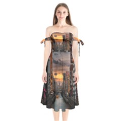 River Buildings City Urban Shoulder Tie Bardot Midi Dress by Sarkoni