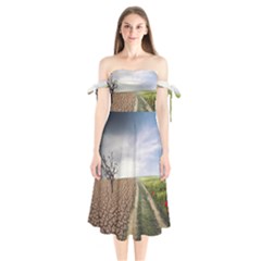 Climate Landscape Shoulder Tie Bardot Midi Dress by Sarkoni