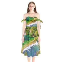 River Waterfall Shoulder Tie Bardot Midi Dress by Sarkoni