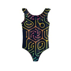 Circuit Hexagonal Geometric Pattern Background Pattern Kids  Frill Swimsuit by Vaneshop