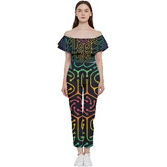 Circuit Hexagonal Geometric Pattern Background Pattern Bardot Ruffle Jumpsuit by Vaneshop