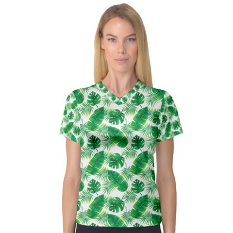 Tropical Leaf Pattern V-neck Sport Mesh T-shirt by Dutashop