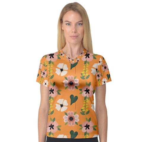 Flower Orange Pattern Floral V-neck Sport Mesh T-shirt by Dutashop