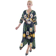 Flower Grey Pattern Floral Quarter Sleeve Wrap Front Maxi Dress by Dutashop