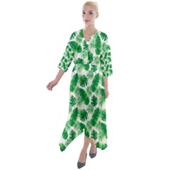 Tropical Leaf Pattern Quarter Sleeve Wrap Front Maxi Dress by Dutashop