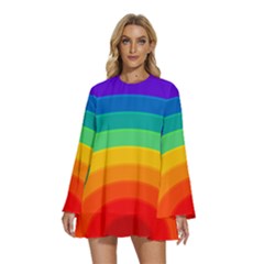 Rainbow Background Colorful Round Neck Long Sleeve Bohemian Style Chiffon Mini Dress by Bajindul