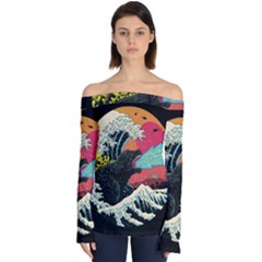 Retro Wave Kaiju Godzilla Japanese Pop Art Style Off Shoulder Long Sleeve Top by Modalart