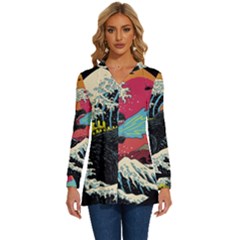 Retro Wave Kaiju Godzilla Japanese Pop Art Style Long Sleeve Drawstring Hooded Top by Modalart