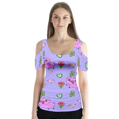 Flower Pink Pig Piggy Seamless Butterfly Sleeve Cutout T-shirt  by Ravend