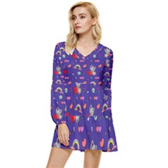 Rabbit Hearts Texture Seamless Pattern Tiered Long Sleeve Mini Dress by Ravend