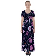 Flowers Pattern High Waist Short Sleeve Maxi Dress by Ravend