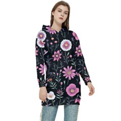 Flowers Pattern Women s Long Oversized Pullover Hoodie by Ravend