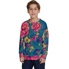 Floral Art Flowers Textile Kids  Crewneck Sweatshirt by Ravend