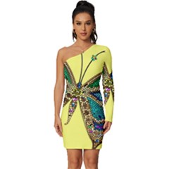 Butterfly Mosaic Yellow Colorful Long Sleeve One Shoulder Mini Dress by Amaryn4rt