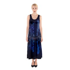 Illuminated Cityscape Against Blue Sky At Night Sleeveless Maxi Dress by Modalart